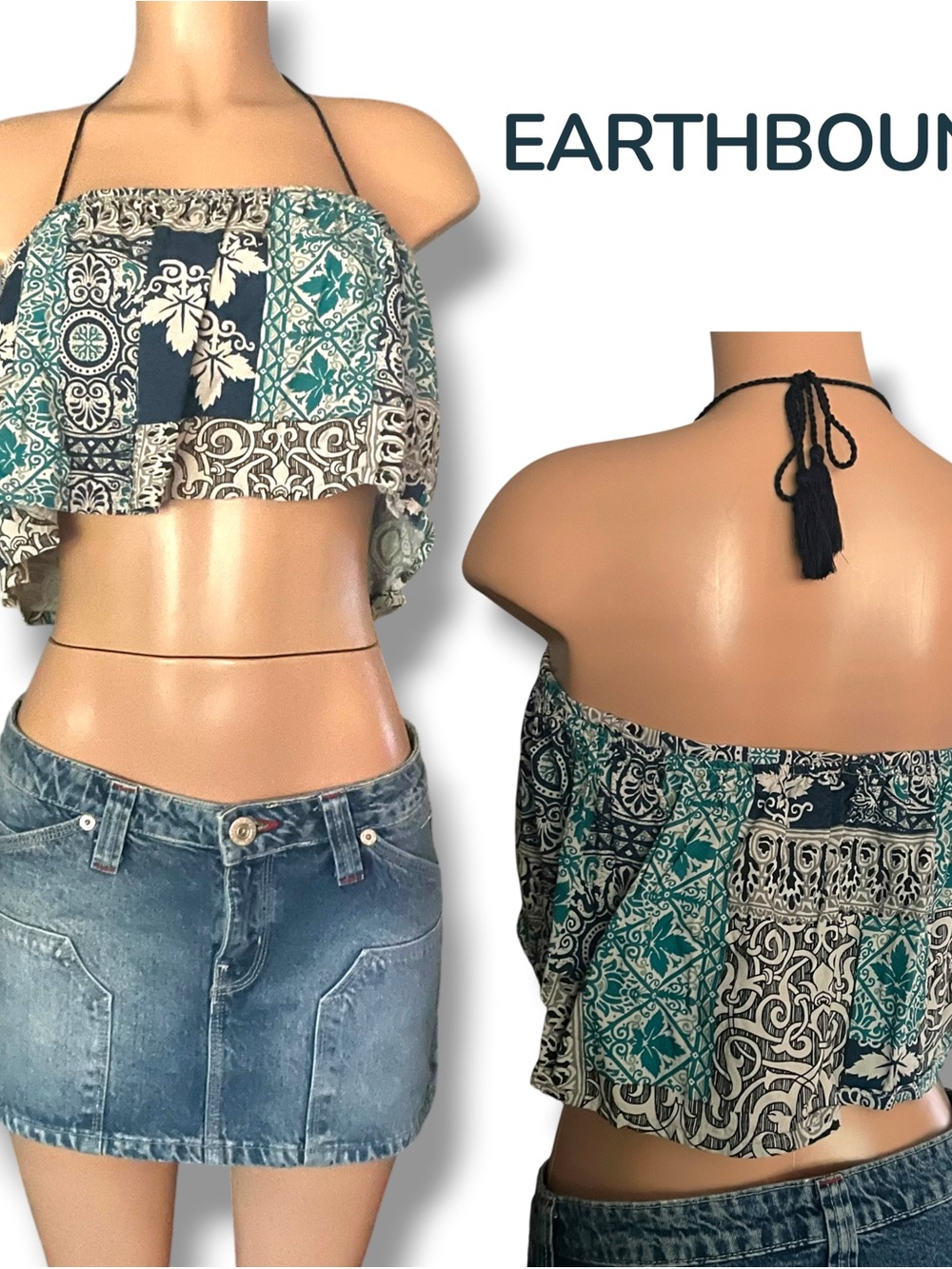 Earthbound Patchwork Halter Crop Top Festival Boho Hippie